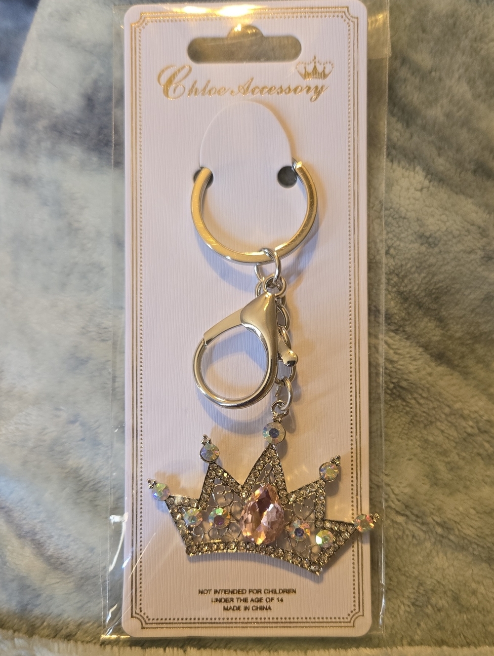 3/$10 Bundle Deals Silver Crown Keychain with Pink Gem